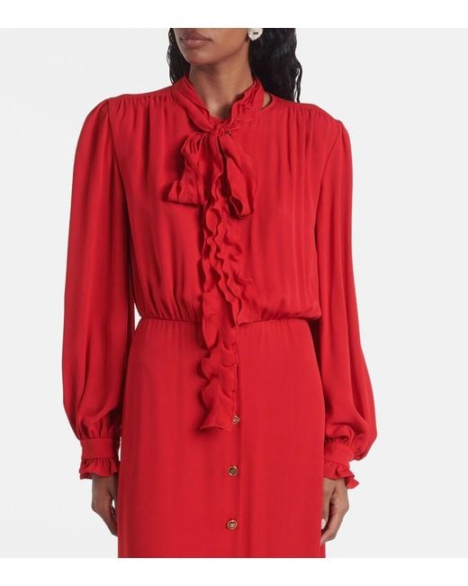 Valentino Red Ruffled Silk Georgette Midi Dress
