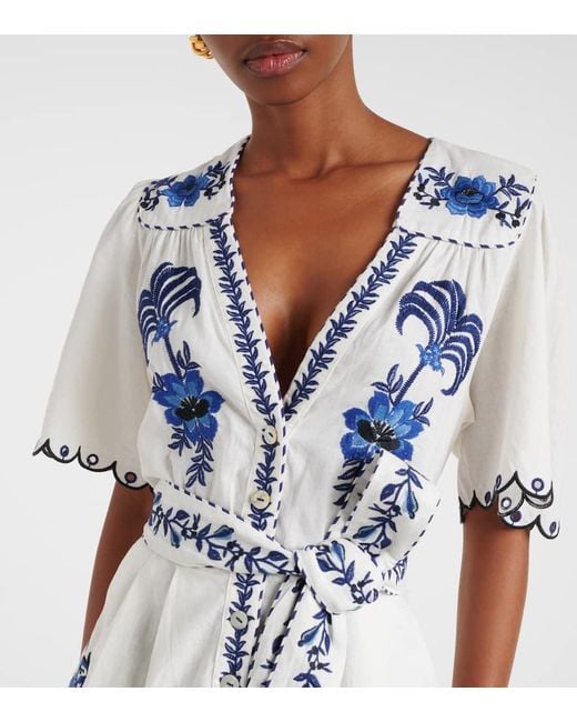 Farm Rio Blue Embroidered Linen-Blend Romper