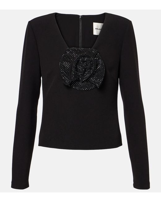 Roland Mouret Black Floral-Applique Embellished Crepe Top