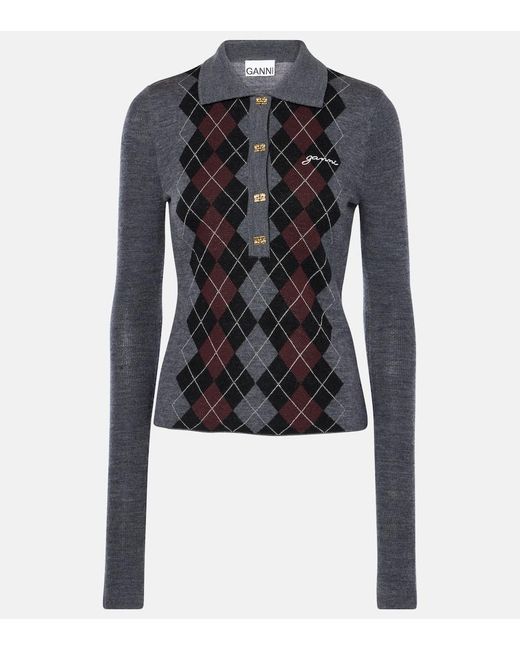 Ganni Blue Argyle Wool Polo Sweater