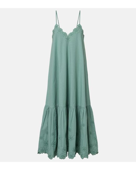 Juliet Dunn Green Embroidered Cotton Poplin Midi Dress