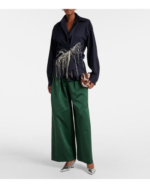 Dries Van Noten Blue Embellished Draped Cotton Gabardine Shirt