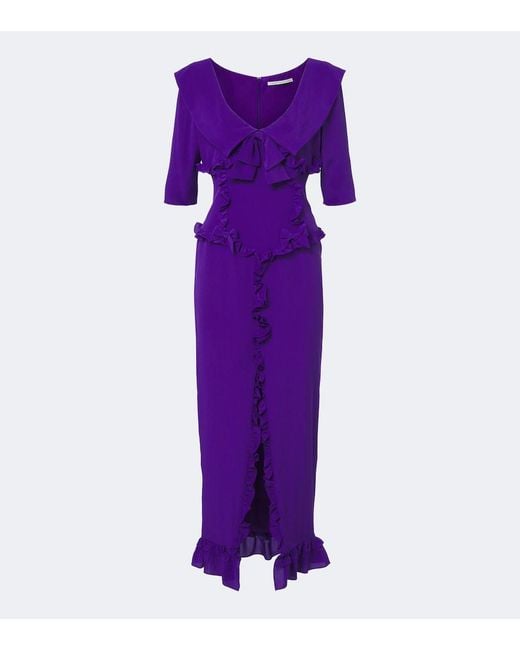 Alessandra Rich Purple Ruffled Silk Crepe De Chine Midi Dress