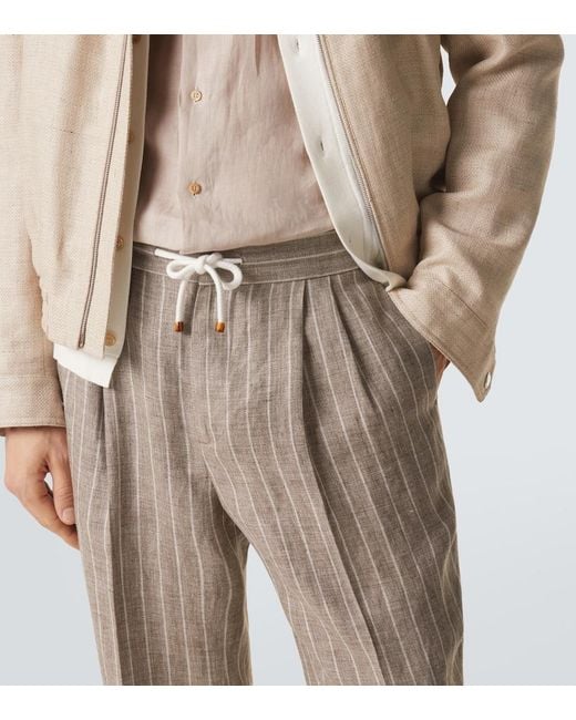 Brunello Cucinelli Natural Chalk Stripe Linen Twill Tapered Pants for men