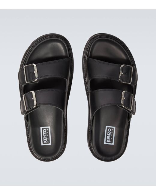 KENZO Black Matto Leather Sandals for men