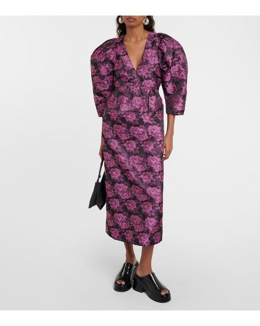 ganni jacquard midi dress GANNI botanical-jacquard puff-sleeves Midi Dress | Pink