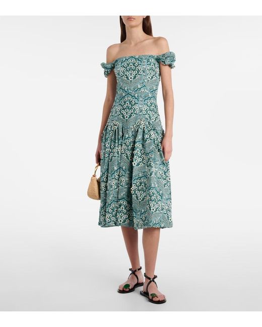 Agua Bendita Blue Siembra Embroidered Cotton Midi Dress