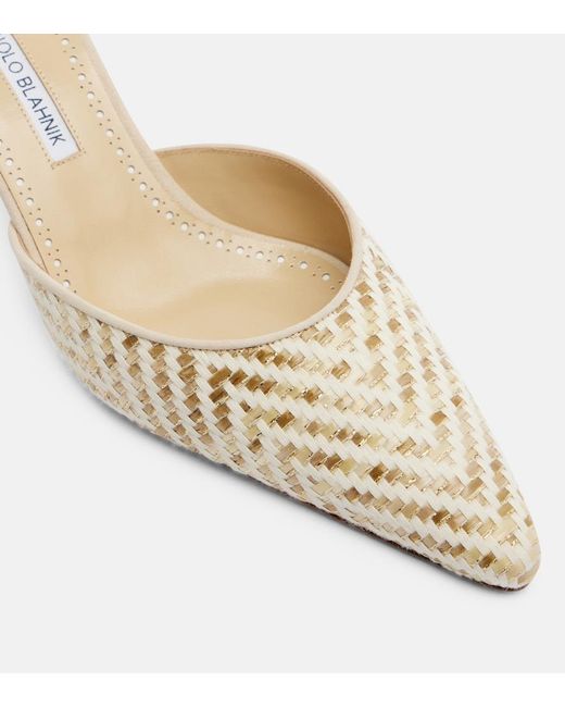 Manolo Blahnik Natural Carolyne Leather-Trimmed Woven Mules