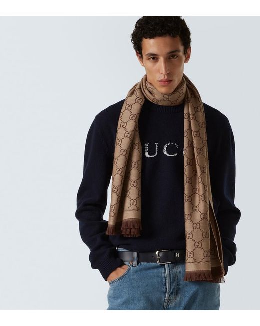 Gucci Brown Gg Wool Jacquard Scarf for men