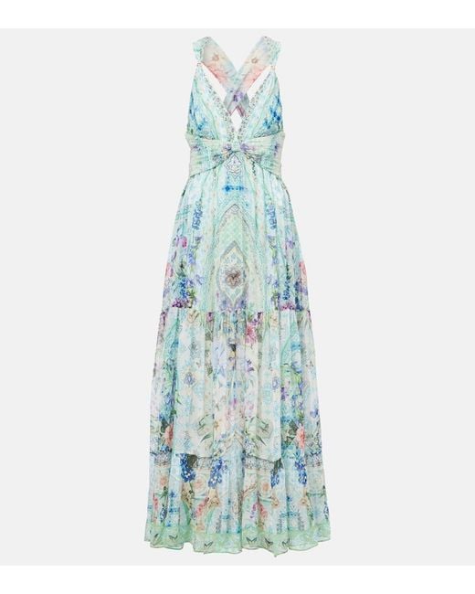 Vestido Largo De Seda Con Cristales Camilla de color Blue