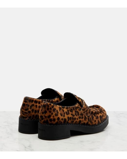 Prada Brown Leopard-Print Calf Hair Penny Loafers