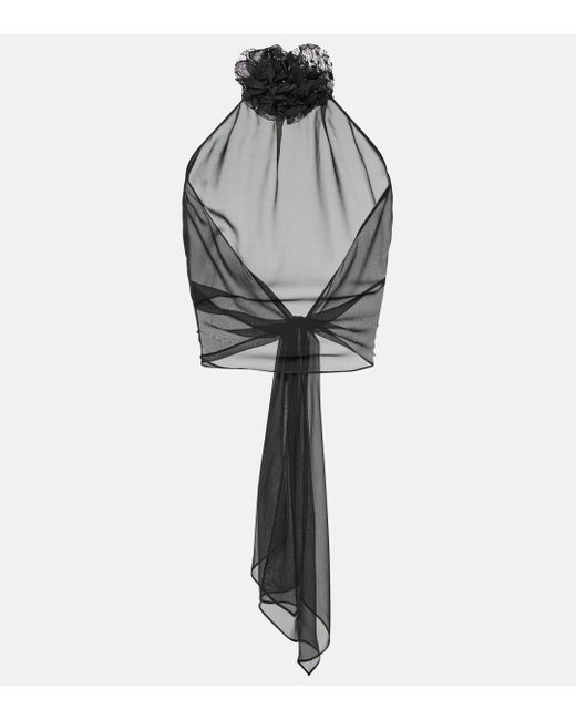 Top raccourci en soie melangee a fleurs Dolce & Gabbana en coloris Black