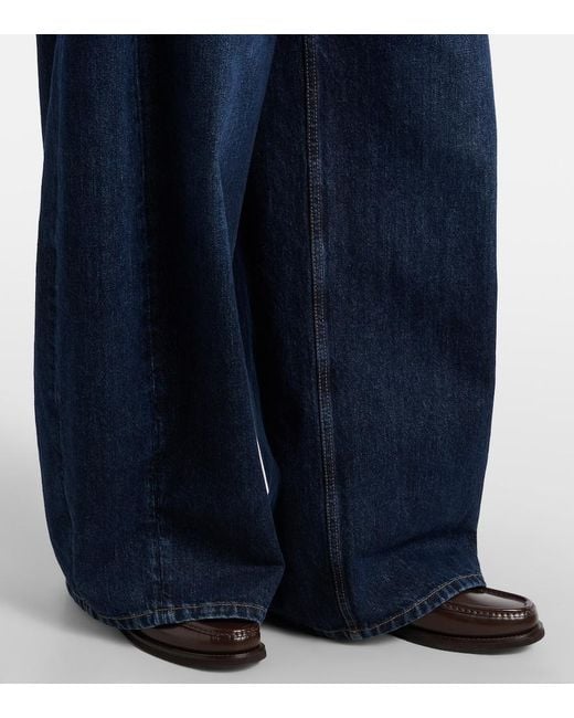 Brunello Cucinelli Blue Leather-Trimmed Barrel-Leg Jeans