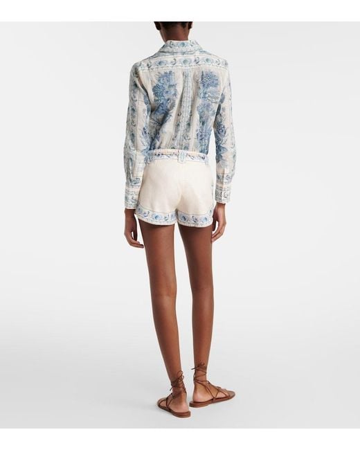 Zimmermann White Wanderlust Belted Floral Linen Shorts