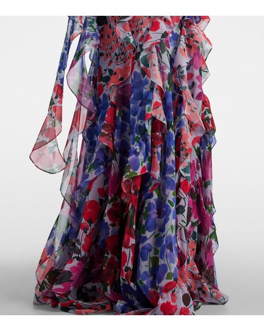 Carolina Herrera White Floral Ruffled Chiffon Gown