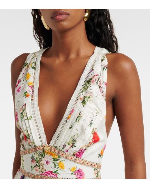 Camilla White Floral Tiered Cotton And Silk Maxi Dress