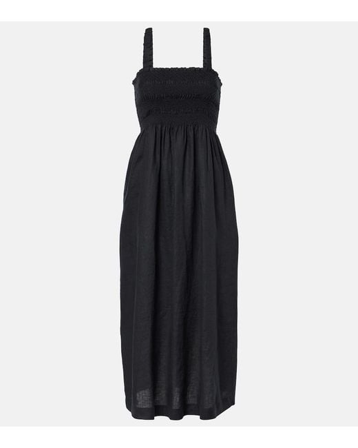 Heidi Klein Black La Bocana Shirred Linen Midi Dress