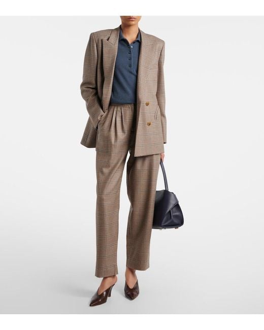 Blazé Milano Brown Glassy Checked Virgin Wool Straight Pants