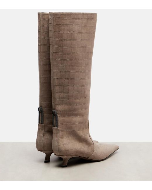 Brunello Cucinelli Brown Monili Croc-Effect Suede Knee-High Boots