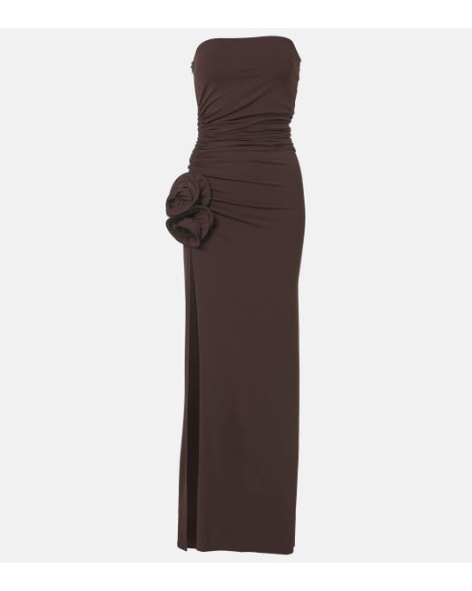 Magda Butrym Brown Floral-Applique Ruched Jersey Maxi Dress