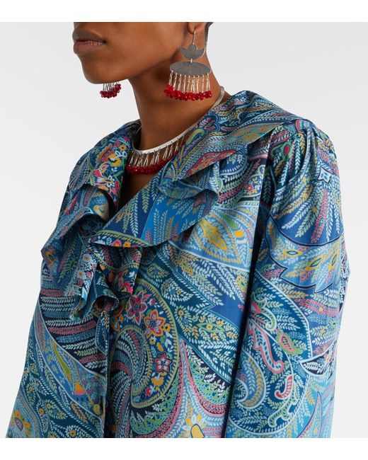 Etro Blue Paisley Ruffled Cotton-Blend Blouse