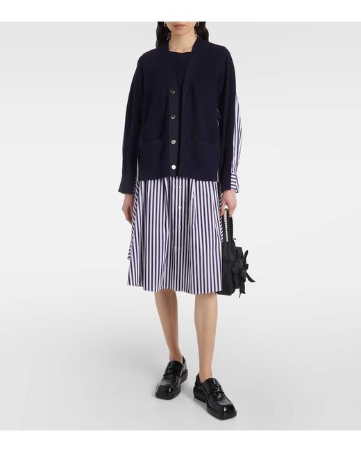 Sacai Blue Striped Poplin-Trimmed Cotton Cardigan