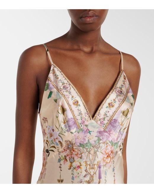 Camilla Natural Embellished Floral Silk Slip Dress