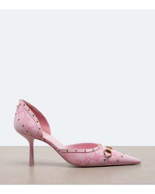 Gucci Pink Savoy Horsebit Gg Canvas Pumps