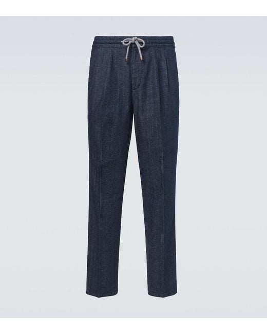 Brunello Cucinelli Blue Pleated Straight Jeans for men