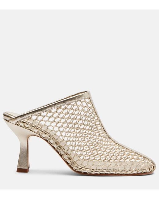 Souliers Martinez Natural Giulia Leather-Trimmed Fishnet Mules