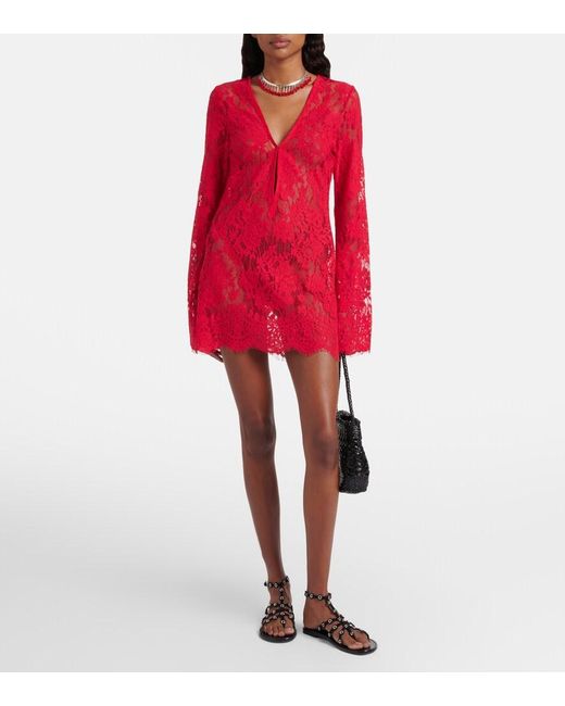 Bananhot Red Millie Cotton And Brocade Lace Minidress