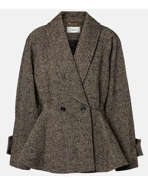 Chloé Brown Herringbone Peplum Wool-Blend Coat