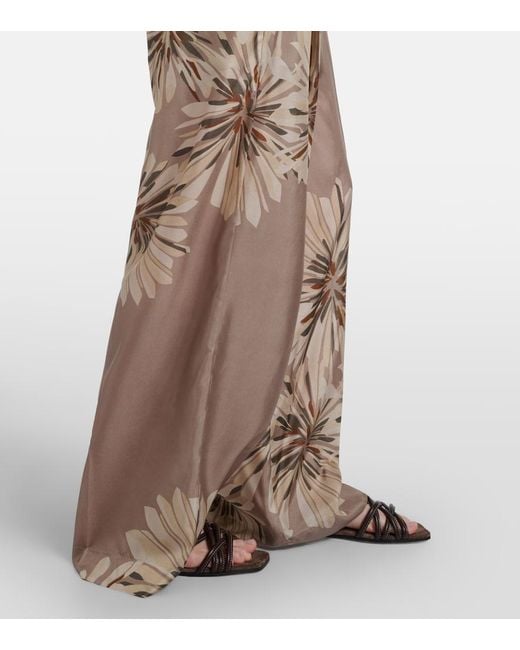 Brunello Cucinelli Natural Floral Silk Pongee Wide-Leg Pants