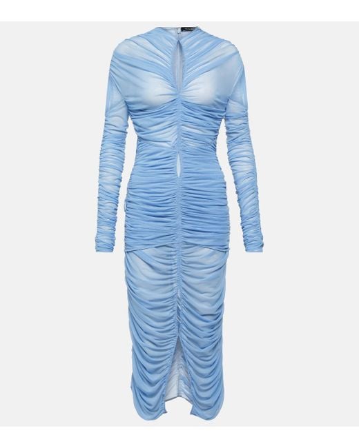 Mugler Blue Draped Cutout Mesh Midi Dress