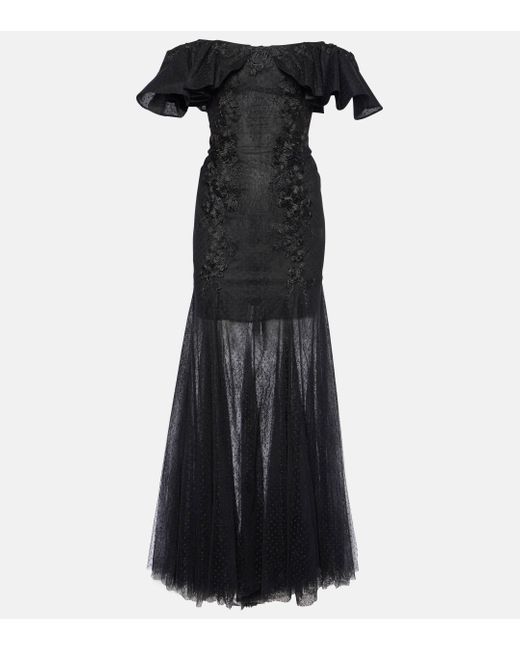 Costarellos Black Ruffled Lace And Tulle Gown