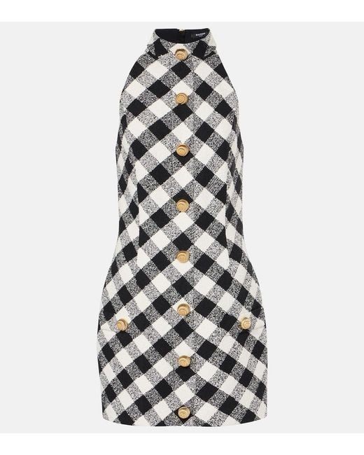 Balmain White Halterneck Cotton-Blend Tweed Minidress