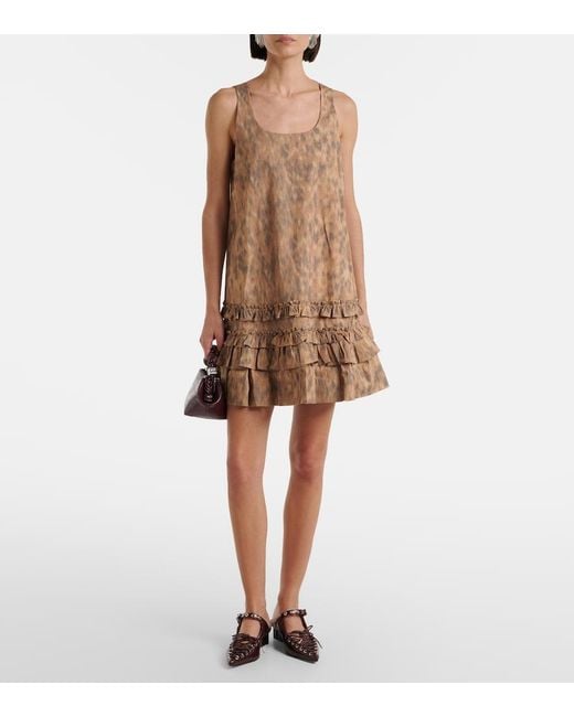 Ganni Brown Ruffled Printed Cotton Minidress