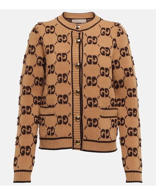 Gucci Brown Cardigan Aus Wollbouclé Mit Gg Jacquard, Grösse