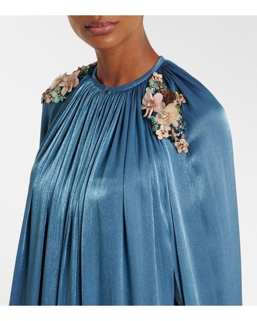 Costarellos Blue Embellished Pleated Caped Bustier Gown