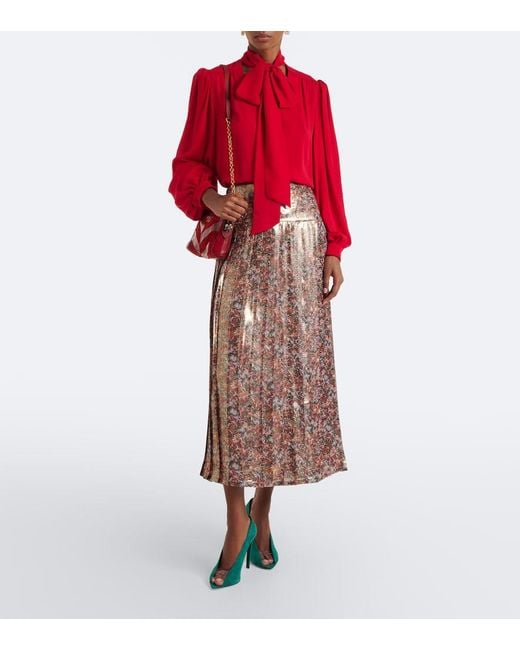 Valentino Brown Floral Pleated Silk-Blend Lame Midi Skirt