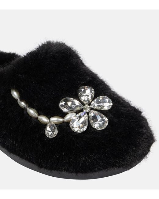 Simone Rocha Black Embellished Faux Shearling Slippers