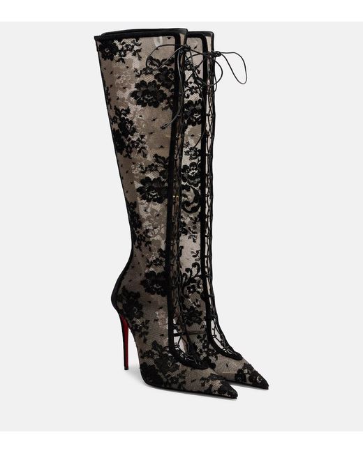 Christian Louboutin Black Km 100 Lace-Trimmed Leather Knee-High Boots