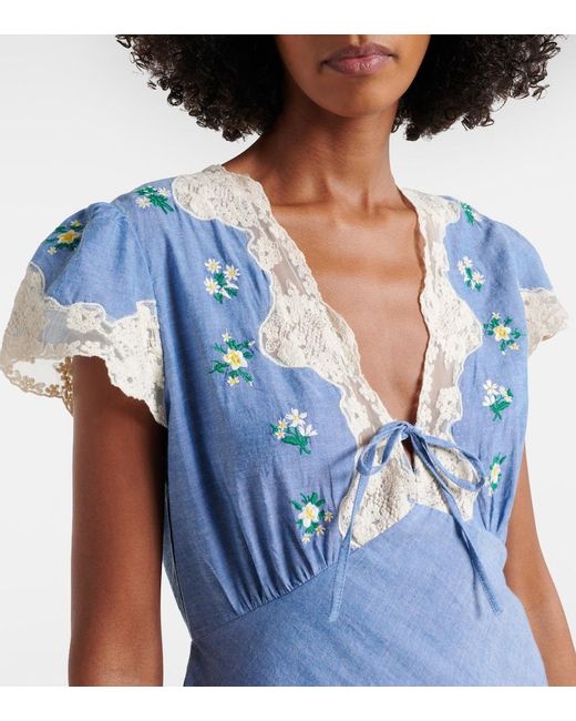 Rixo Blue Amari Floral Lace-Trimmed Midi Dress