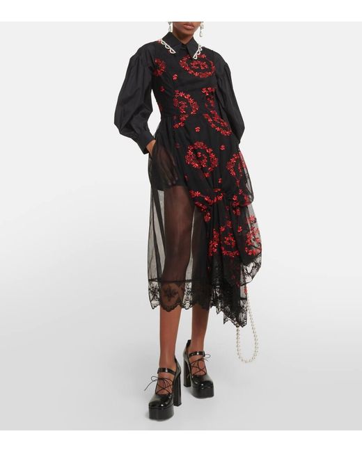 Vestido midi de tul con bordado floral Simone Rocha de color Black