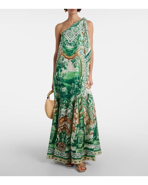 Camilla Green Printed One-Shoulder Silk Maxi Dress
