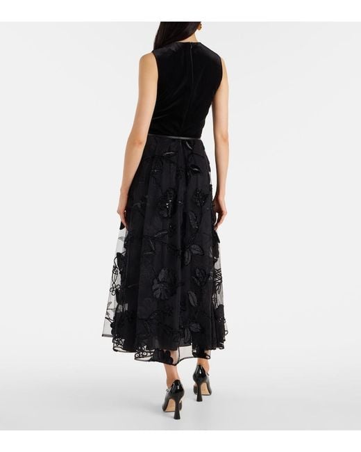 Elie Saab Black Embroidered Tulle And Velvet Midi Dress
