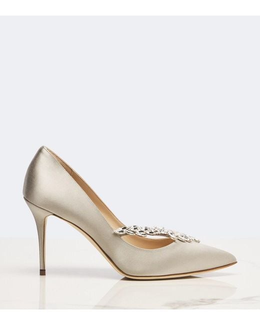 Manolo Blahnik White Nadira Embellished Satin Pumps