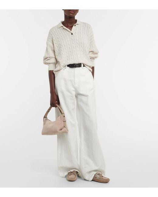 Brunello Cucinelli White Cable-Knit Cotton-Blend Polo Sweater