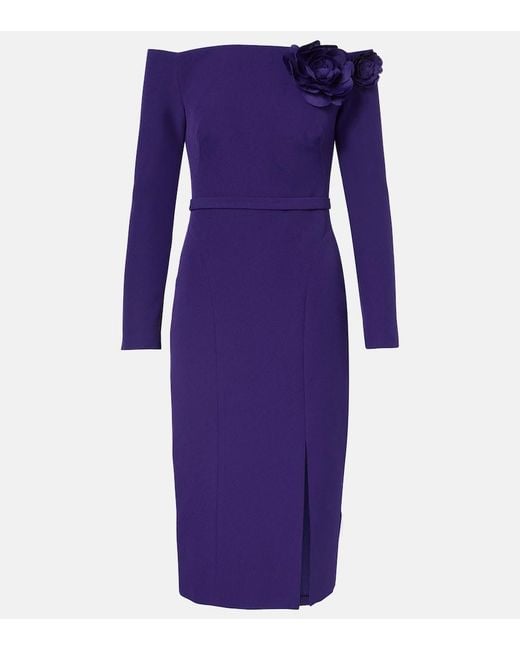 Safiyaa Purple Jay Floral-Applique Crepe Midi Dress