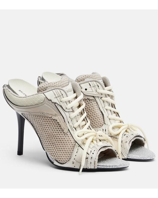 Balenciaga White Stapler Embellished Leather-Trimmed Mules